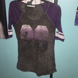 Gray and purple half-sleeved tee.